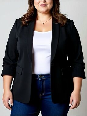 Vince Camuto Ruched Sleeve Blazer Size 22 W Black Hook Closure Collared Vneck